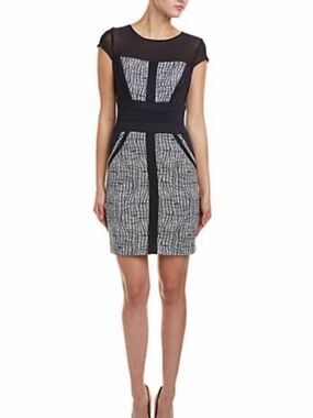 Cache Blue and White Sheath Dress with Crew Neck Sz 0